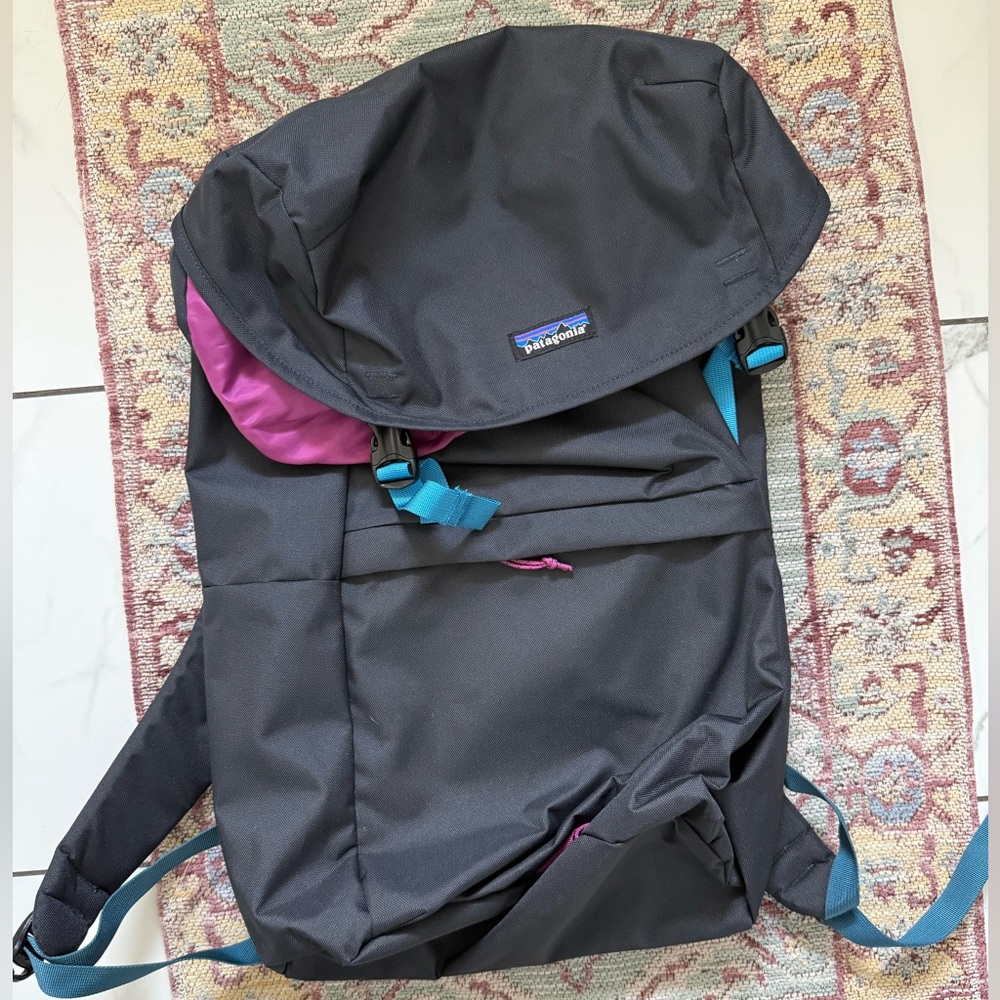 Patagonia Charcoal Backpack with Pink Interior and Teal Accents